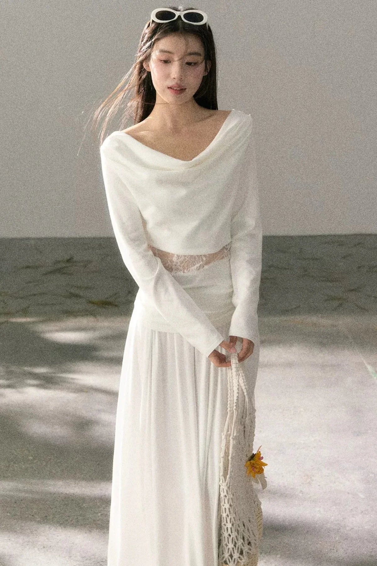 White Lace Cutout Draped Top Set-Up