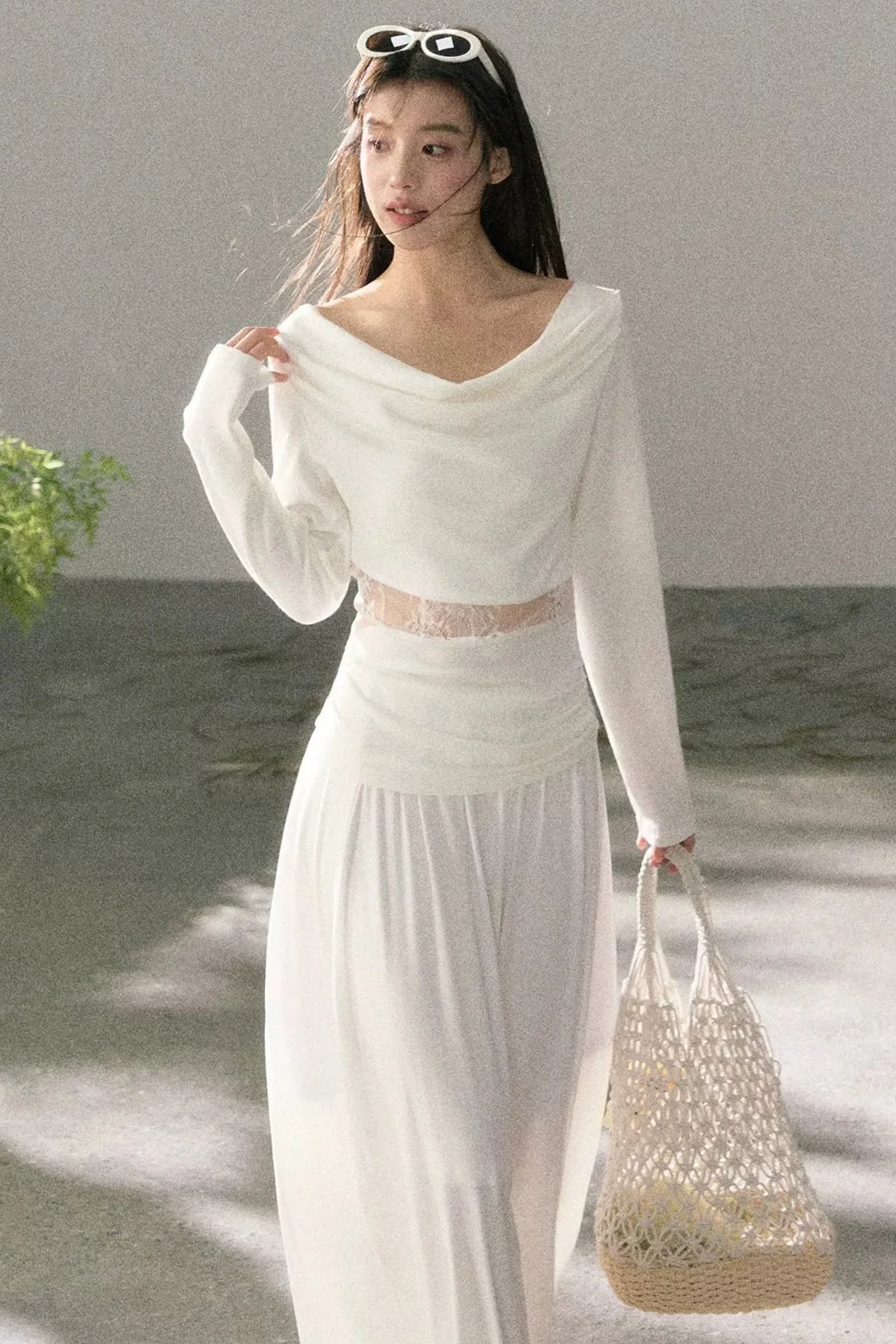 White Lace Cutout Draped Top Set-Up