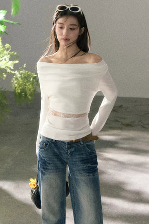 White Lace Cutout Draped Top Set-Up