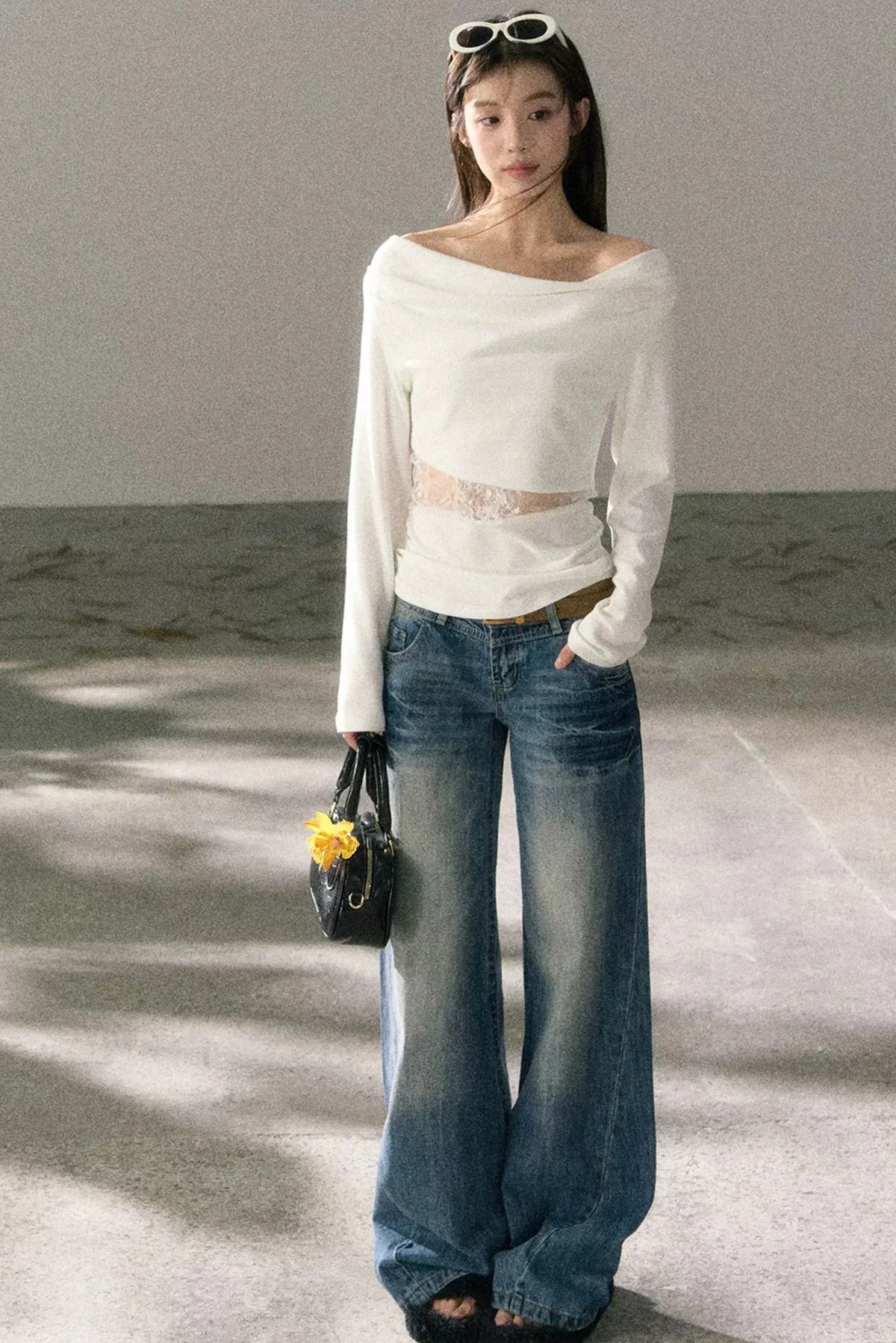 White Lace Cutout Draped Top Set-Up