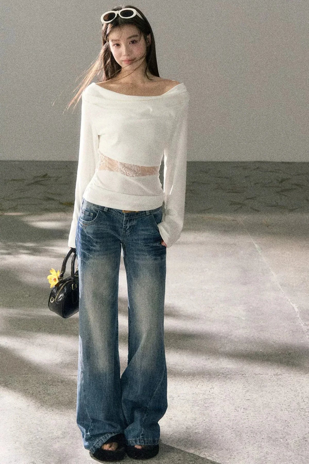 White Lace Cutout Draped Top Set-Up