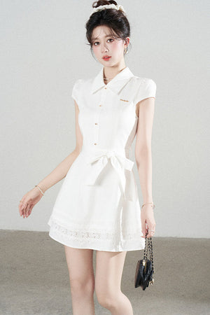 White Lace-Up Waist Puff Dress