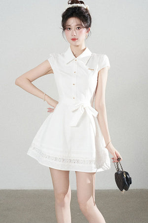 White Lace-Up Waist Puff Dress