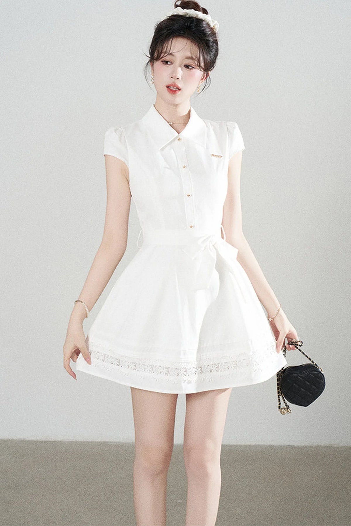 White Lace-Up Waist Puff Dress