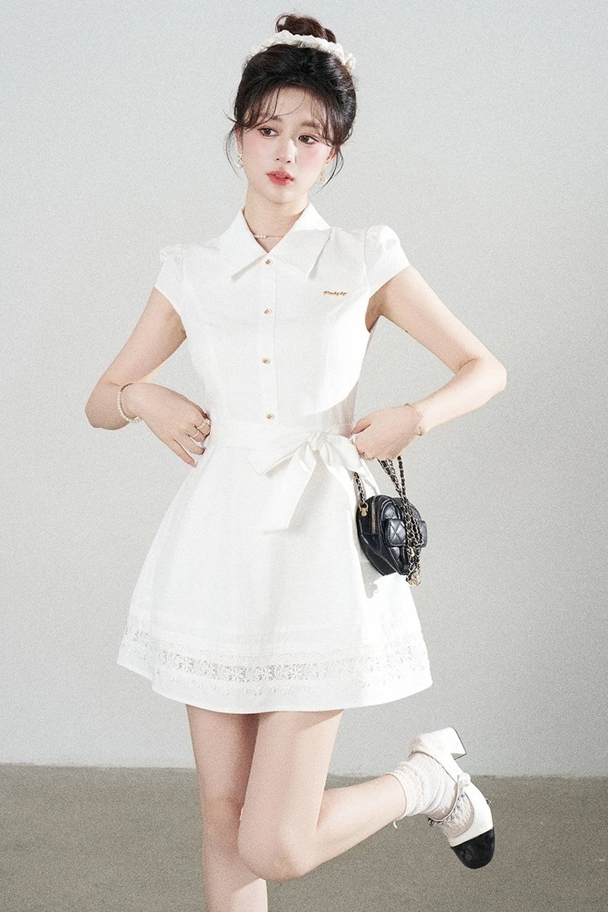 White Lace-Up Waist Puff Dress