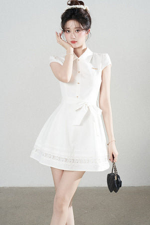 White Lace-Up Waist Puff Dress
