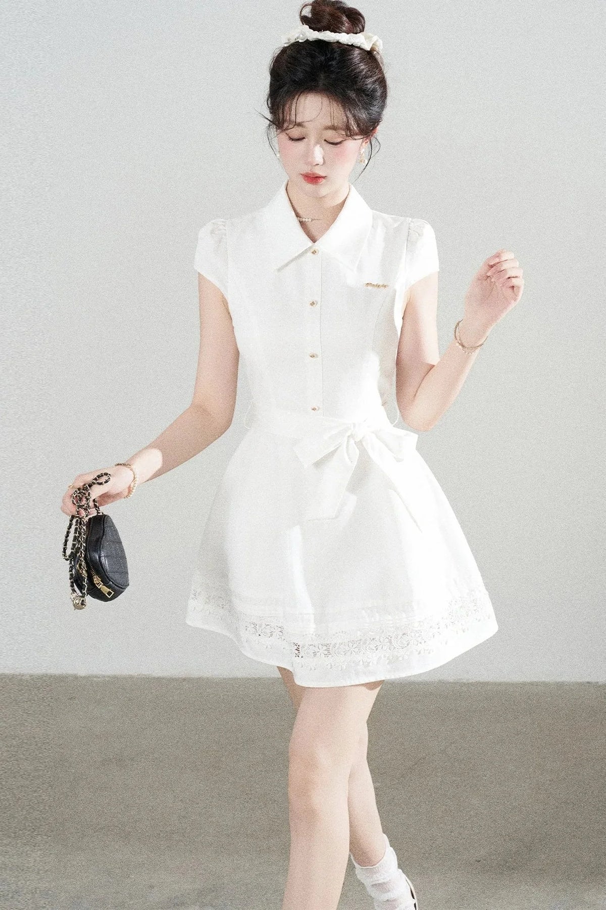 White Lace-Up Waist Puff Dress