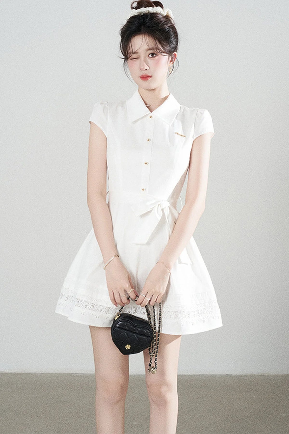 White Lace-Up Waist Puff Dress