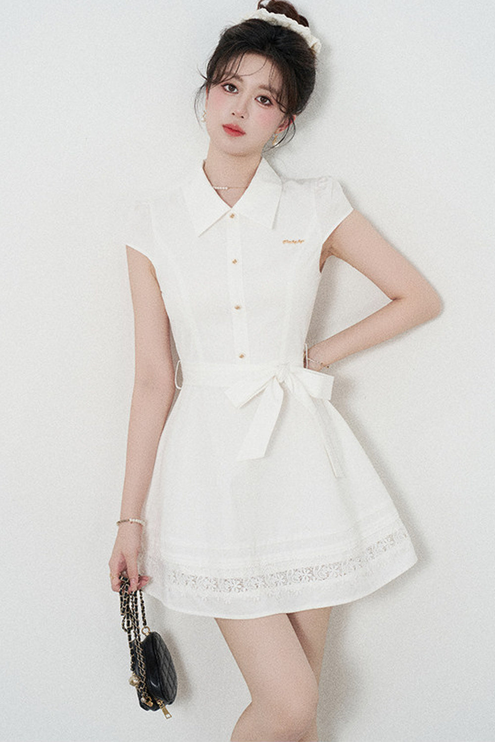 White Lace-Up Waist Puff Dress