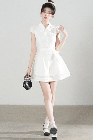 White Lace-Up Waist Puff Dress