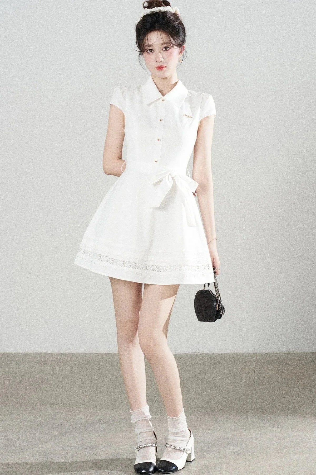 White Lace-Up Waist Puff Dress