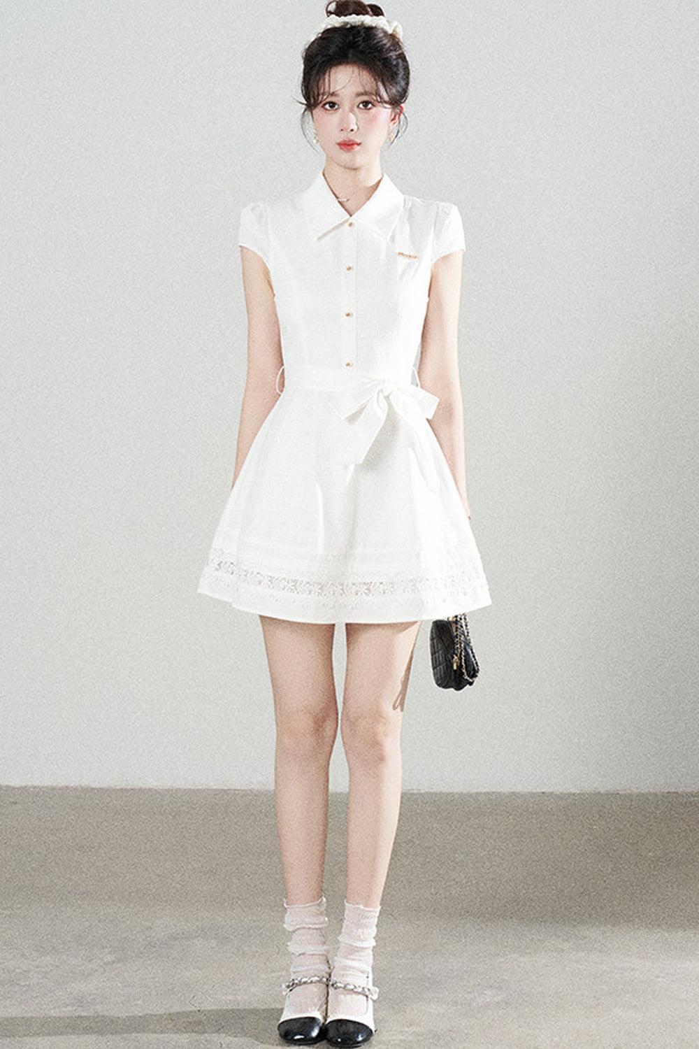 White Lace-Up Waist Puff Dress
