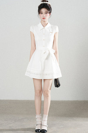 White Lace-Up Waist Puff Dress