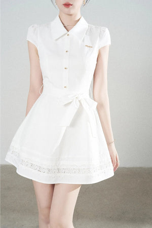White Lace-Up Waist Puff Dress