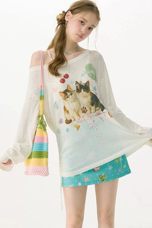 White Long Sleeve Off-Shoulder T-Shirt