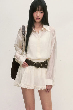 White Long-Sleeved Shirt And Skirt Set