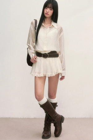 White Long-Sleeved Shirt And Skirt Set
