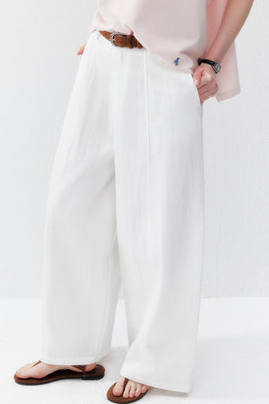 White Lyocell Curved Straight Pants