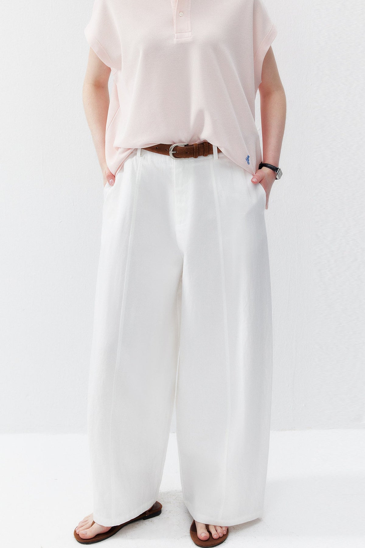 White Lyocell Curved Straight Pants