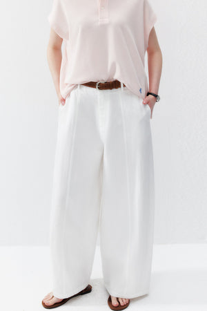 White Lyocell Curved Straight Pants