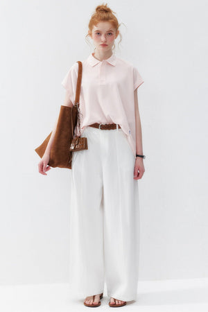 White Lyocell Curved Straight Pants