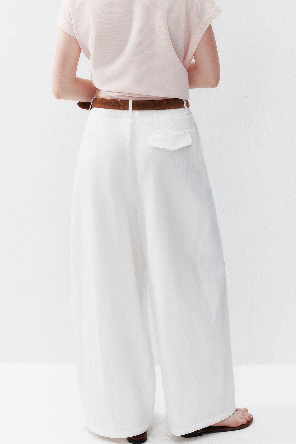 White Lyocell Curved Straight Pants