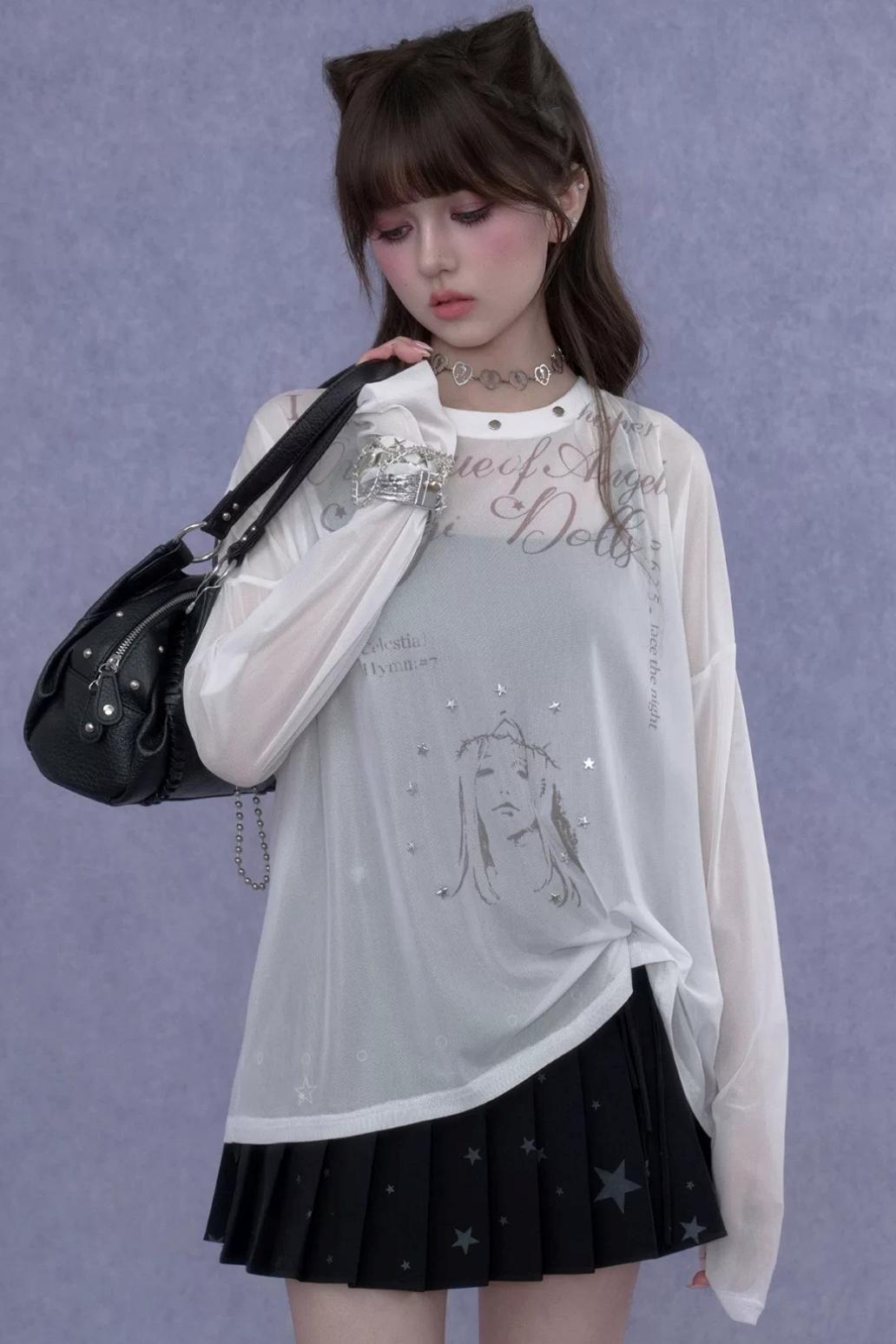 White Mesh Sun Protection Blouse Set-Up