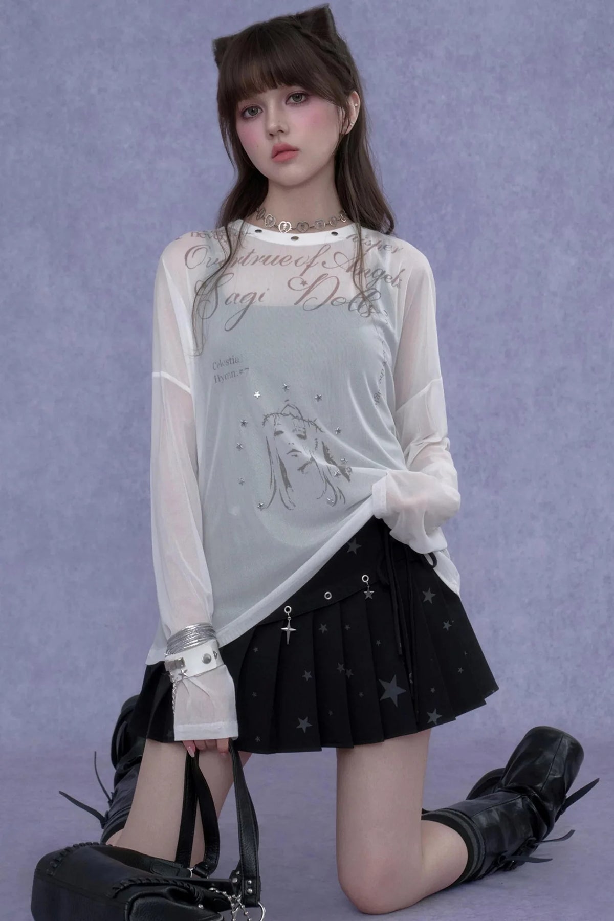 White Mesh Sun Protection Blouse Set-Up