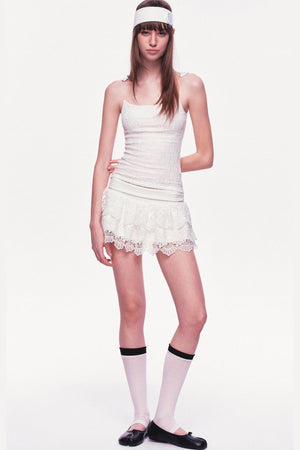 White Multi-Layered Ruffle Lace Mini Skirt