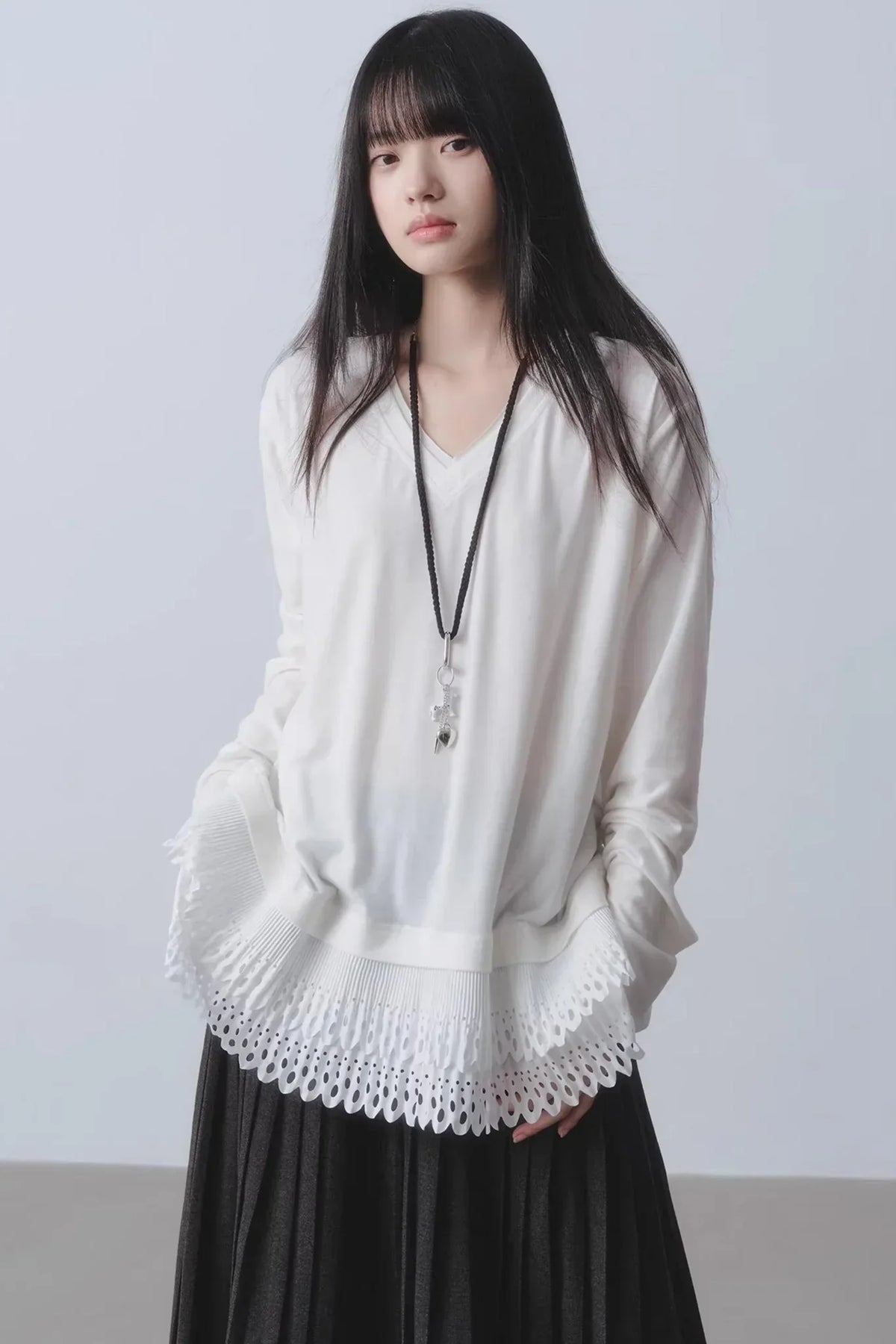 White Patchwork V-Neck Top