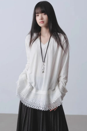 White Patchwork V-Neck Top