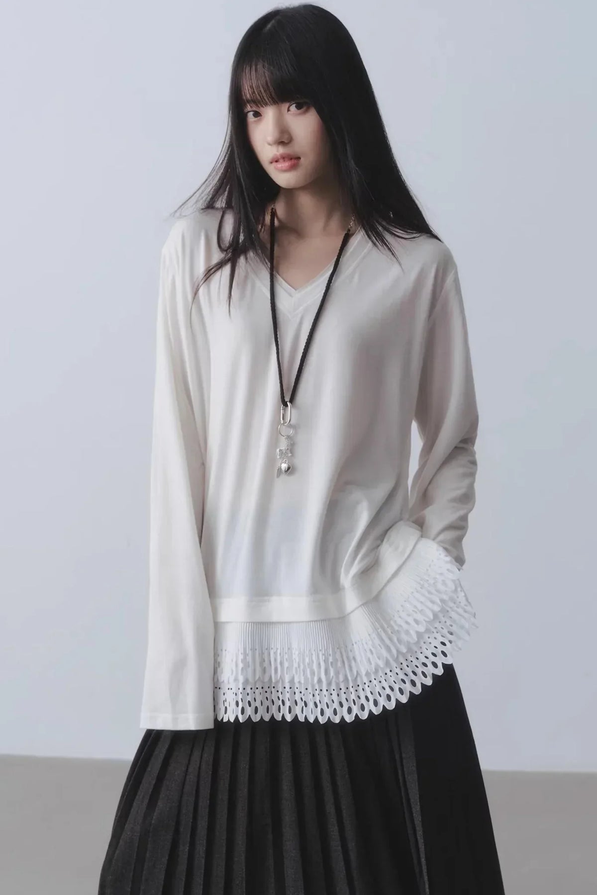 White Patchwork V-Neck Top