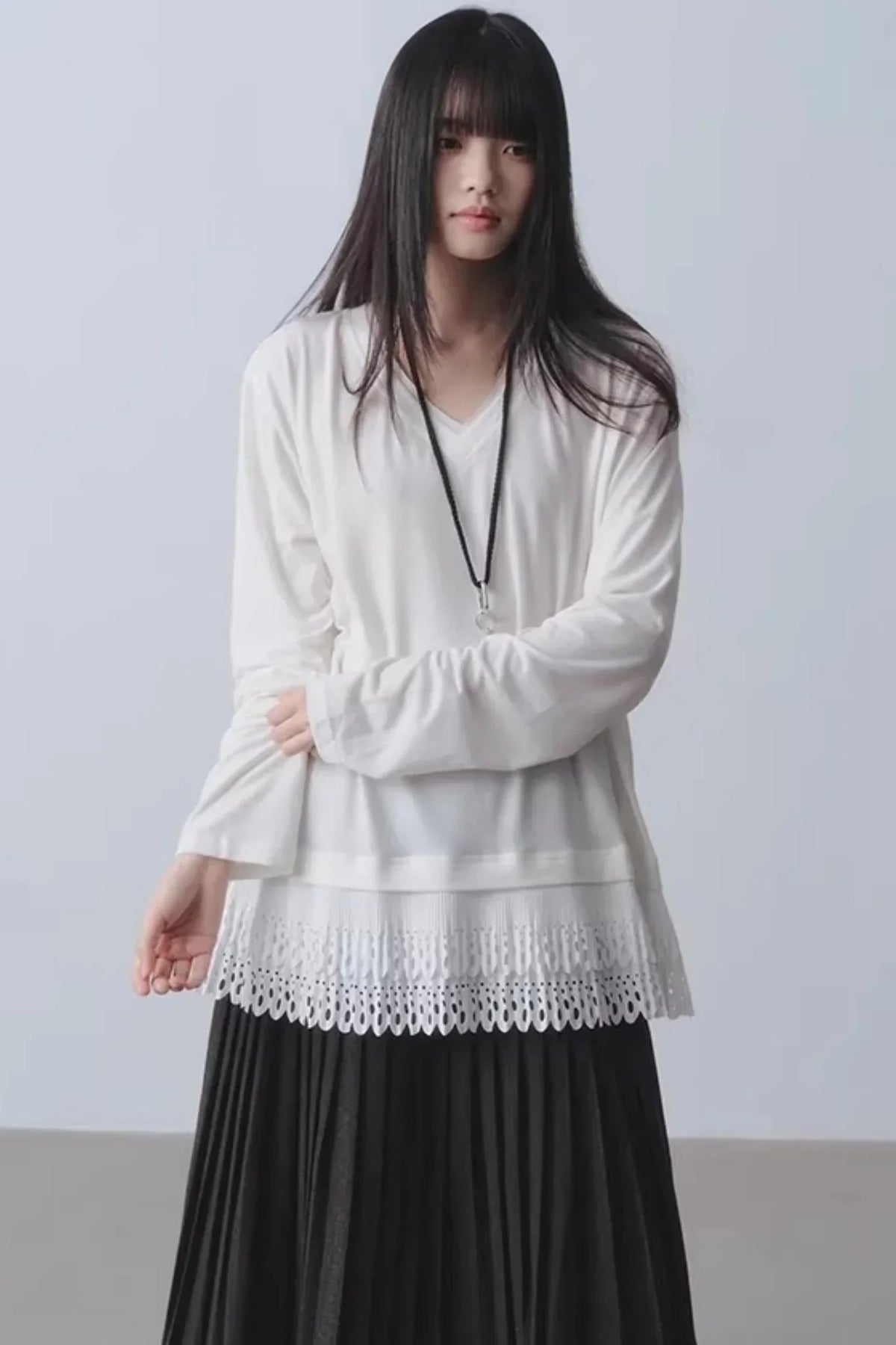 White Patchwork V-Neck Top