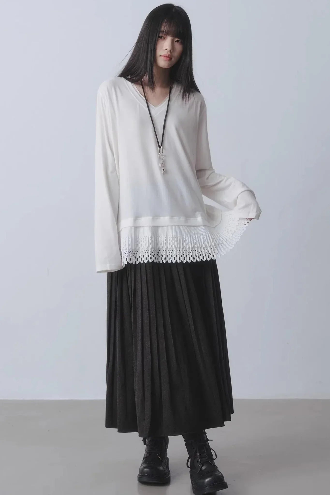 White Patchwork V-Neck Top