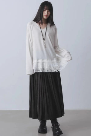White Patchwork V-Neck Top