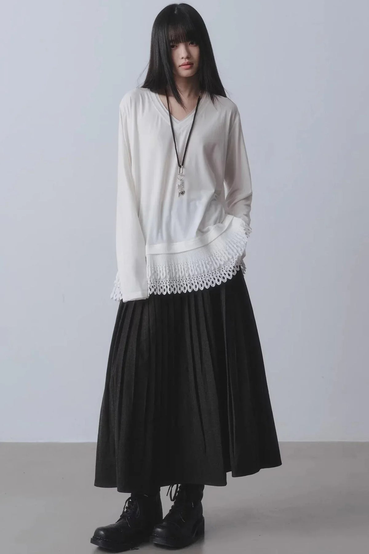 White Patchwork V-Neck Top
