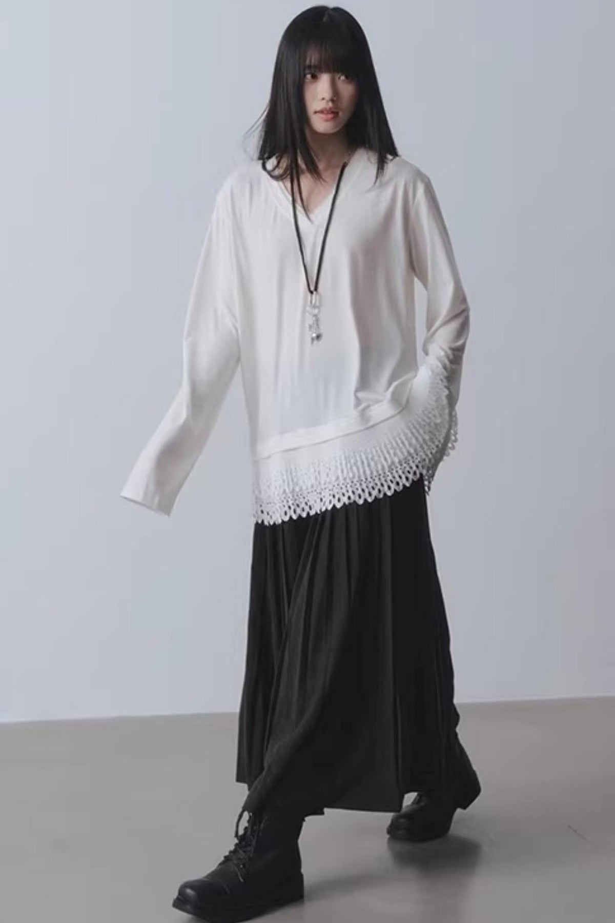 White Patchwork V-Neck Top