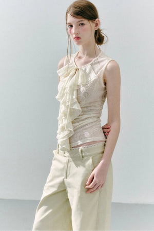 White Peach Wool Lace Ruffle Vest