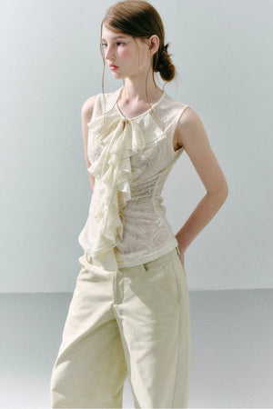 White Peach Wool Lace Ruffle Vest