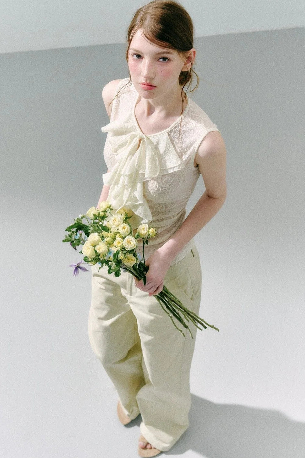 White Peach Wool Lace Ruffle Vest