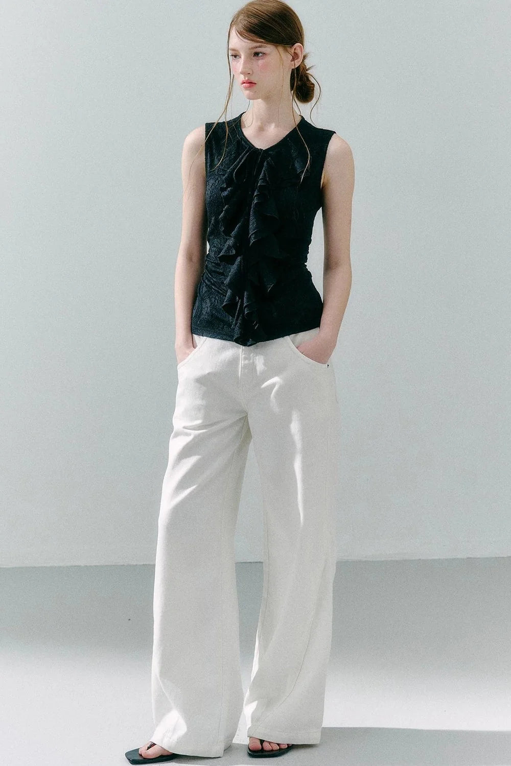 White Peach Wool Lace Ruffle Vest