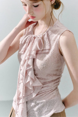 White Peach Wool Lace Ruffle Vest