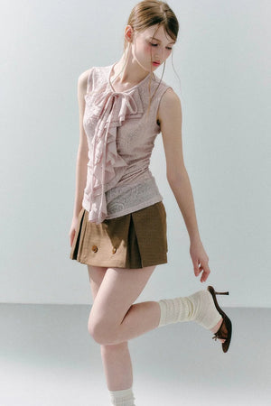White Peach Wool Lace Ruffle Vest
