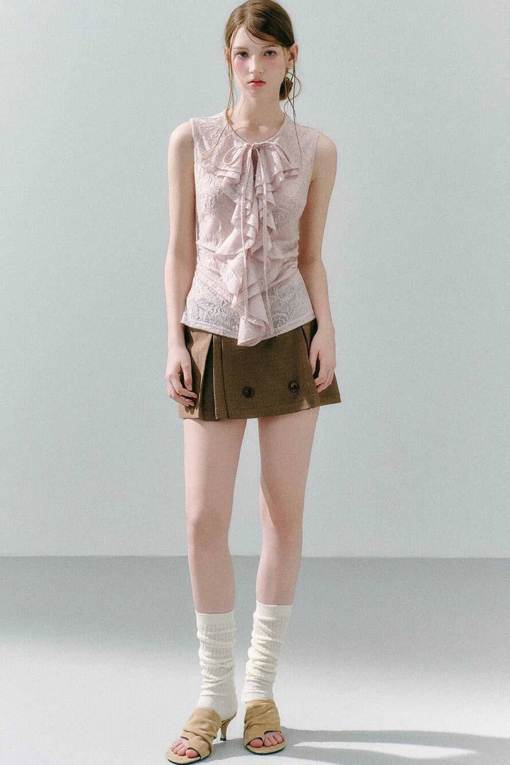 White Peach Wool Lace Ruffle Vest