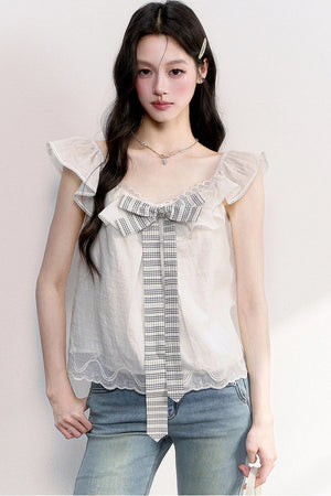 White Plaid Bow Flutter Top