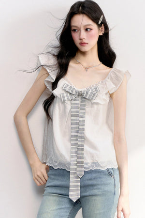 White Plaid Bow Flutter Top