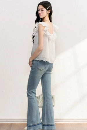 White Plaid Bow Flutter Top