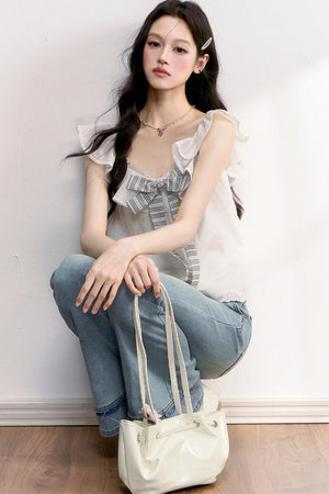 White Plaid Bow Flutter Top