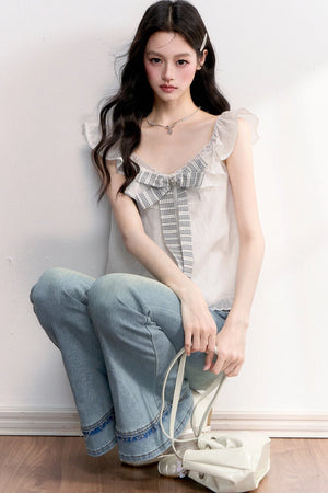 White Plaid Bow Flutter Top