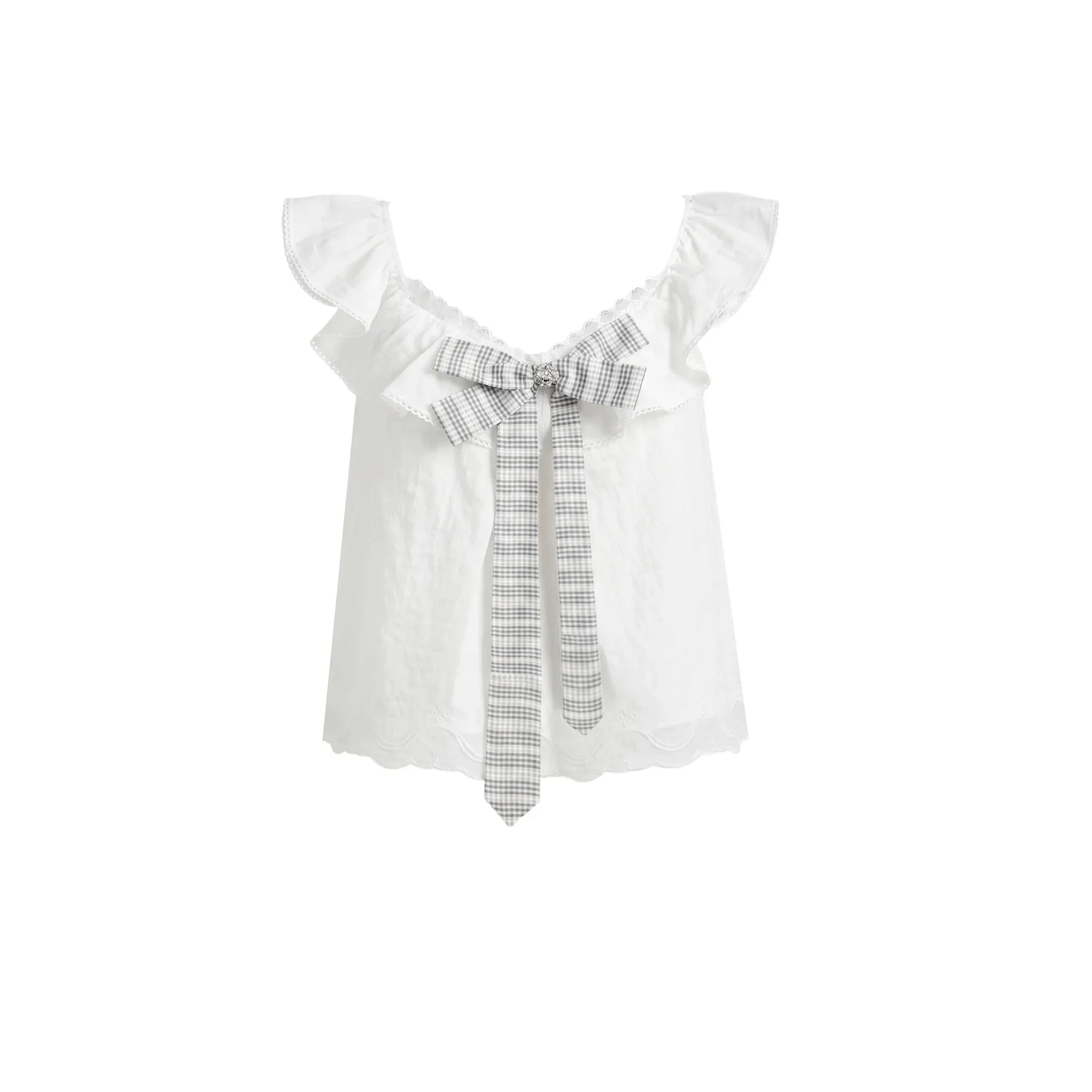White Plaid Bow Flutter Top
